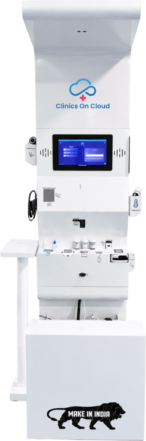 A Clinics On Cloud health kiosk, front view